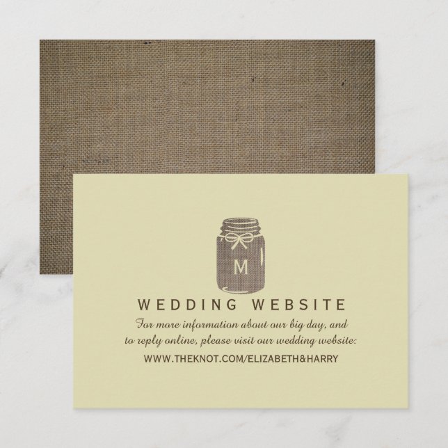 Country Burlap Mason Jar Wedding Website Enclosure Card (Front/Back)
