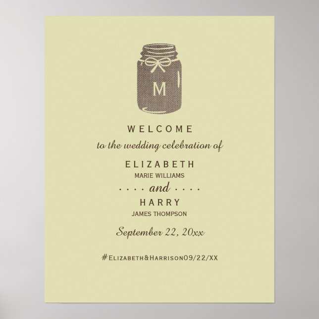 Country Burlap Mason Jar Wedding Welcome Poster (Front)