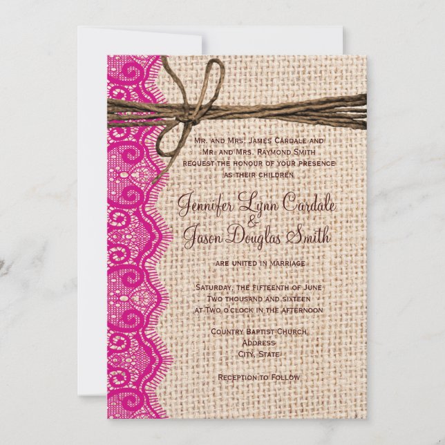 Country Burlap Pink Lace Twine Wedding Invites (Front)