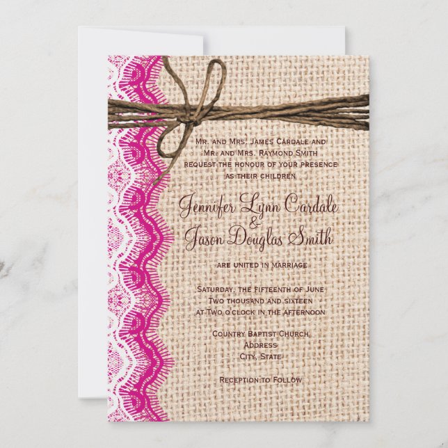 Country Burlap Pink Lace Twine Wedding Invites (Front)