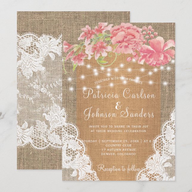 Country burlap pink peony lights and lace wedding invitation (Front/Back)