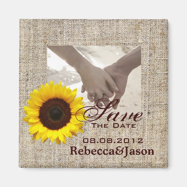 Country Burlap Sunflower Wedding SAVE THE DATE Magnet (Front)