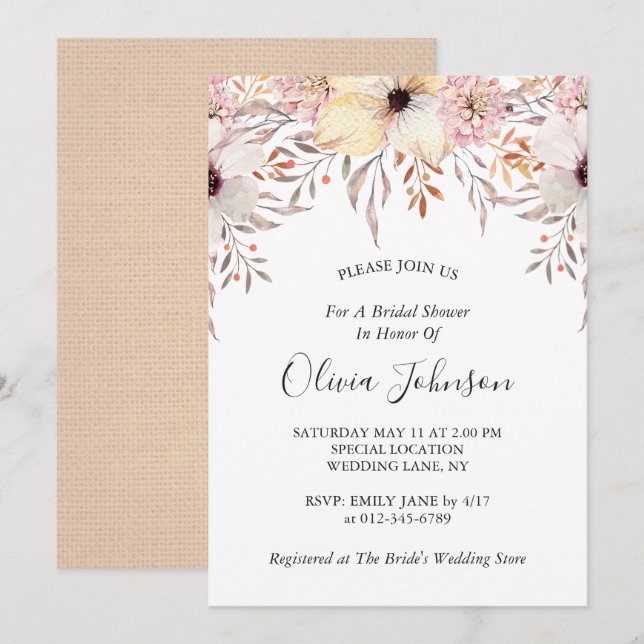 Country Burlap Watercolor Floral Bridal Shower Invitation (Front/Back)