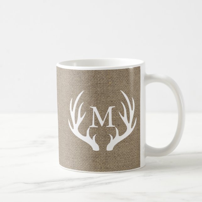 Country Burlap White Deer Antlers Personalised Coffee Mug (Right)