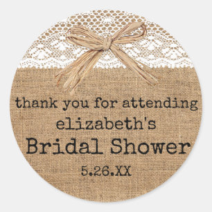 Country Burlap with Lace Bridal Shower Guest Favou Classic Round Sticker