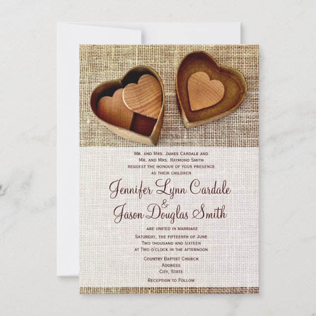 Country Burlap Wooden Hearts Wedding Invitations (Front)