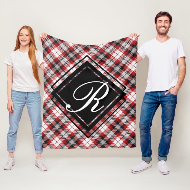 Country Cabin Red Black Plaid Tartan with Initial Fleece Blanket (In Situ)