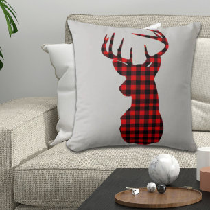 country cabin red buffalo plaid christmas deer cushion