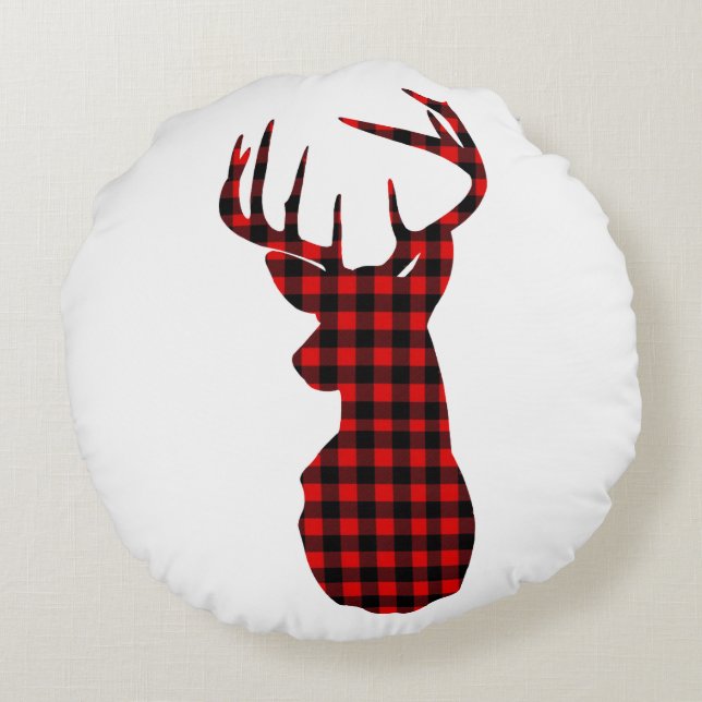 country cabin red buffalo plaid christmas deer round cushion (Back)