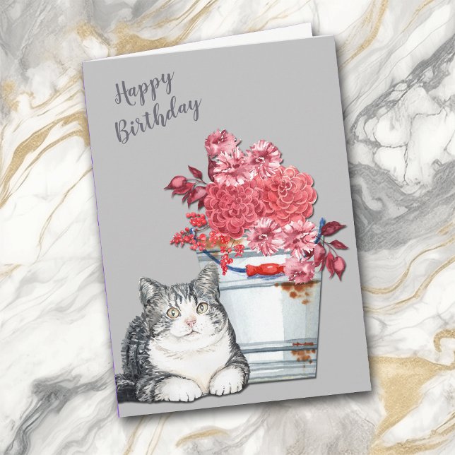 Country Cat and Pink Bouquet Birthday Holiday Card (Creator Uploaded)