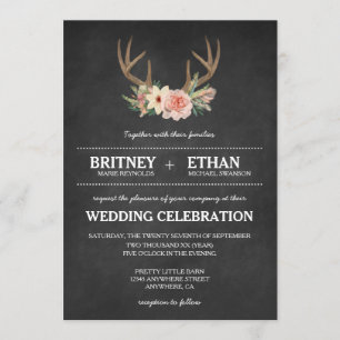 Country Chalkboard Deer Antler Wedding Invitations
