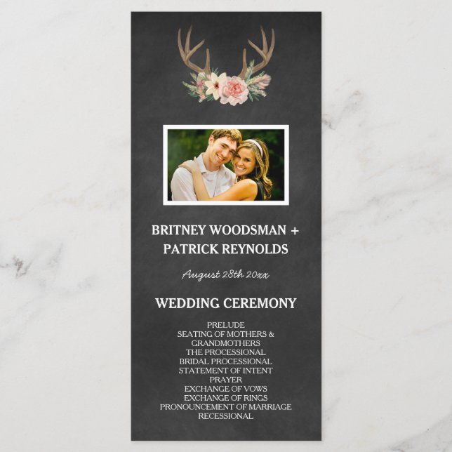 Country Chalkboard Deer Antler Wedding Programs Programme (Front)
