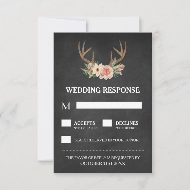 Country Chalkboard Deer Antler Wedding RSVP Cards (Front)
