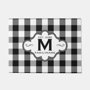 Country Chic B&W Buffalo Plaid Custom Family Logo Doormat