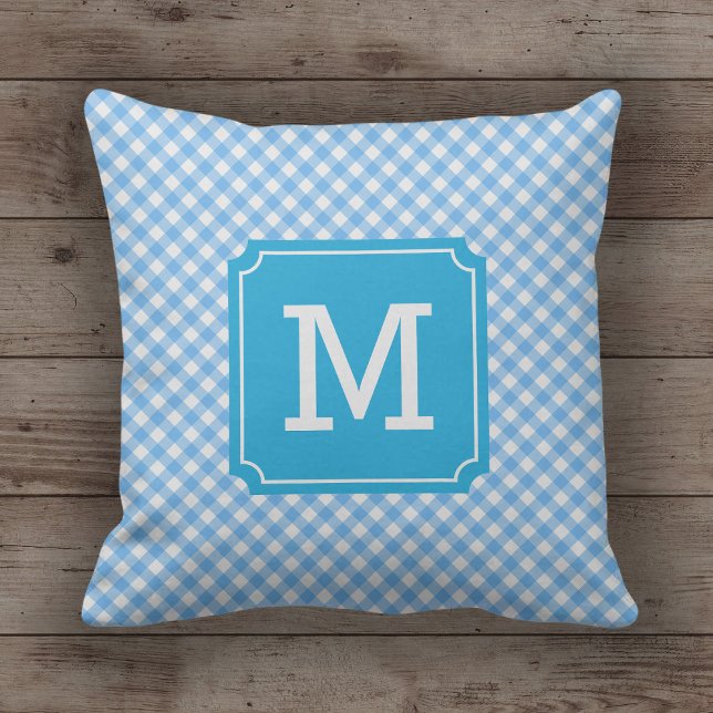 Country Chic Baby Blue Gingham Name Monogram Cushion (Creator Uploaded)