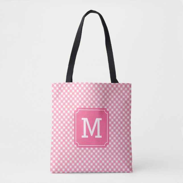 Country Chic Baby Pink Gingham Monogram Tote Bag (Front)