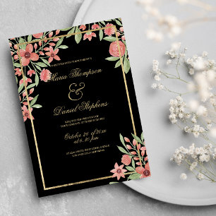 Country Chic Black Gold Pink Green Floral Wedding  Invitation