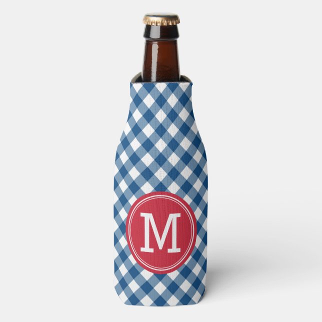 Country Chic Blue Gingham Personalise Monogram Bottle Cooler (Bottle Front)