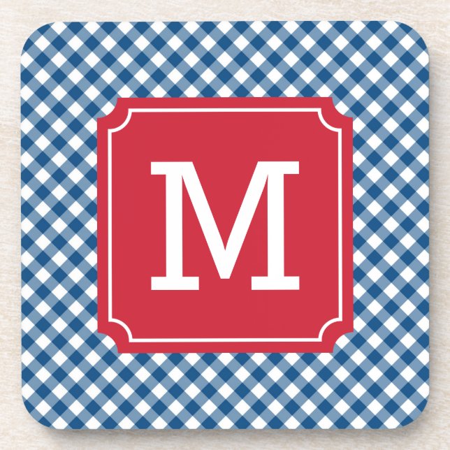 Country Chic Blue Gingham Personalise Monogram Coaster (Front)