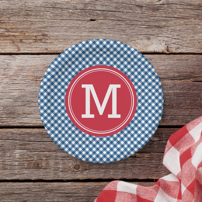 Country Chic Blue Gingham Personalise Monogram Paper Plate (Creator Uploaded)