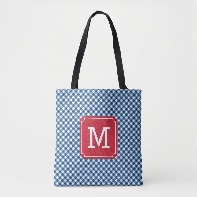 Country Chic Blue Gingham Personalised Monogram Tote Bag (Front)