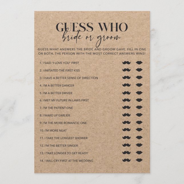 Country Chic Bridal Shower Bride or Groom Game (Front)