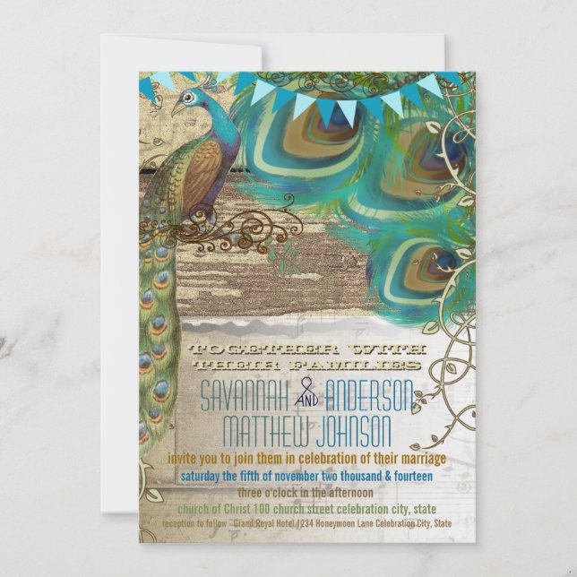 Country Chic Bunting Peacock Vintage Old Wood Invitation (Front)