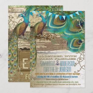 Country Chic Bunting Peacock Vintage Old Wood Invitation