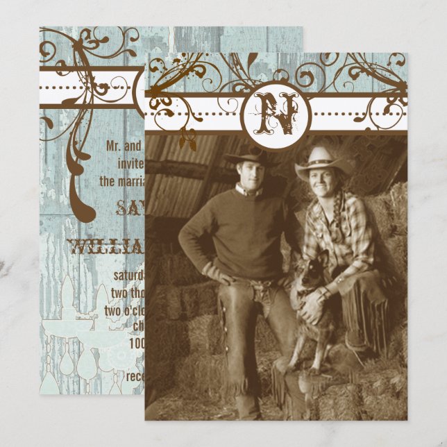 Country Chic Chocolate Mint Rustic Barn Wood Invitation (Front/Back)