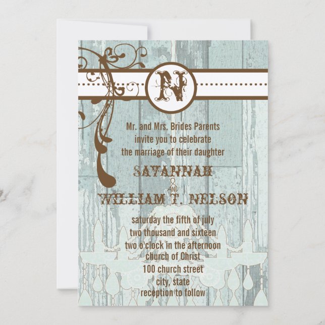 Country Chic Chocolate Mint Rustic Barn Wood Invitation (Back)