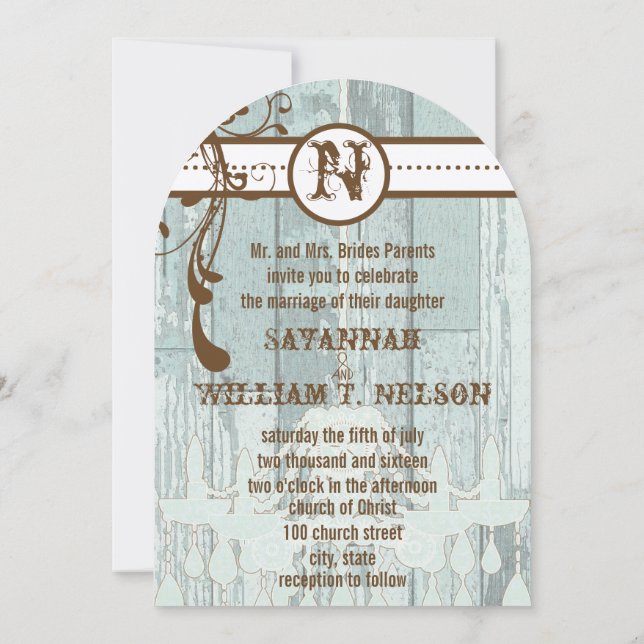 Country Chic Chocolate Mint Rustic Barn Wood Invitation (Back)