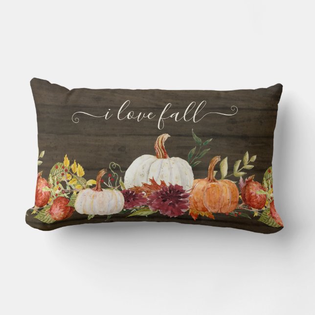 Country Chic Farm Fall Pumpkins Burgundy Floral Lumbar Cushion (Front)