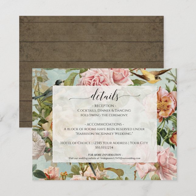 Country Chic Floral Dusty Pink Blue Wood Details Invitation (Front/Back)