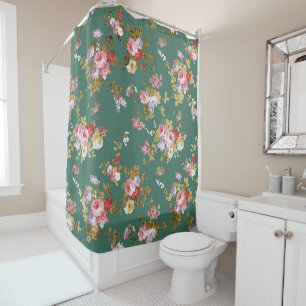 Country chic forest green pink gold elegant floral shower curtain
