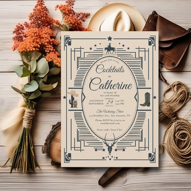 Country Chic Frame Cocktails Party 50th Birthday Invitation (country western rustic elegant 50th birthday invitation cocktail party desert tan modern classy)