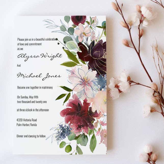 Country chic gold burgundy pink floral Wedding Invitation (Country chic gold burgundy pink floral Wedding )