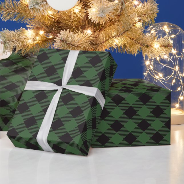 Country Chic Green Black Buffalo Plaid Wrapping Paper (Holidays)