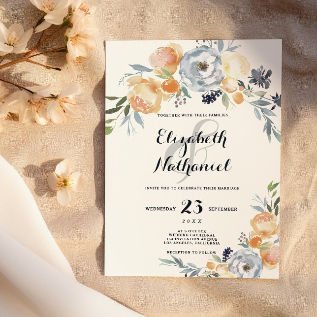 Country chic grey orange white floral wedding invitation (Country chic gray orange white floral wedding)