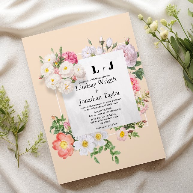 Country chic ivory pink white flower frame Wedding Invitation (Country chic ivory pink white flower frame Wedding )