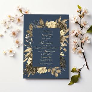 Country chic mauve blue gold floral Wedding Invitation