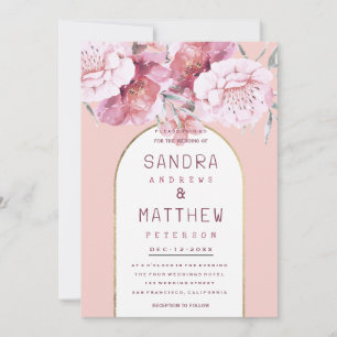 Country chic mint pastel pink gold floral wedding invitation