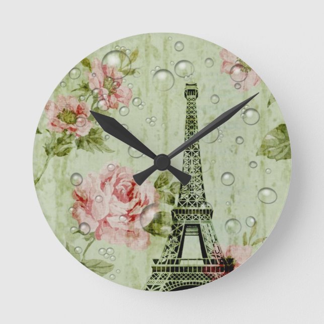 country chic mint pink floral paris eiffel tower round clock (Front)