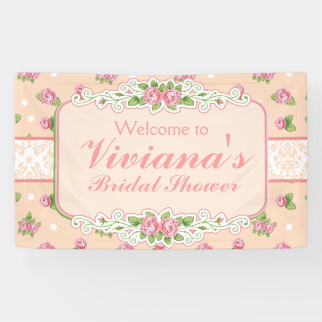 Country Chic, Peach Rose Bridal Shower Banner (Horizontal)