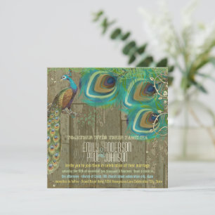 Country Chic Peacock Vintage 3 Feathers Old Wood Invitation