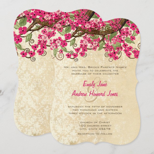 Country Chic Pink Cherry Blossom Wedding Invites (Front/Back)