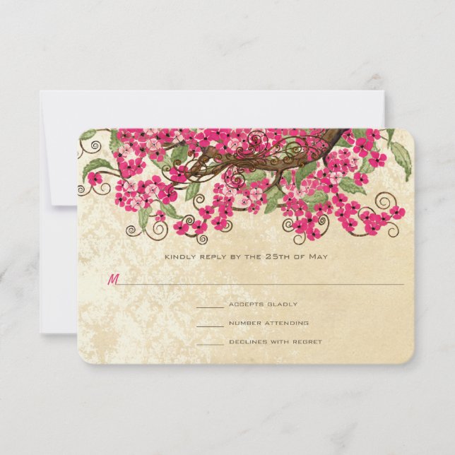 Country Chic Pink Cherry Blossom Wedding RSVP (Front)