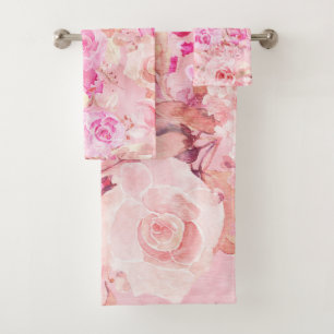 Country chic pink coral watercolor summer floral bath towel set