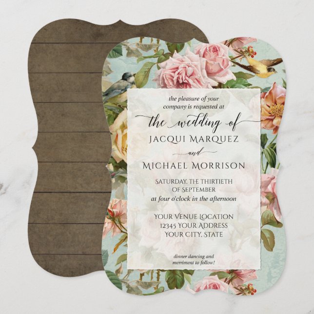 Country Chic Pink Rose Flower Rustic Wood Wedding Invitation (Front/Back)