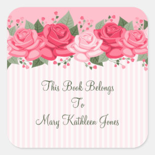 Country Chic Pink Roses and Stripes Bookplate Square Sticker