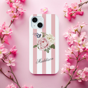 Country Chic Pink Striped Rose Bouquet Monogrammed iPhone 15 Case